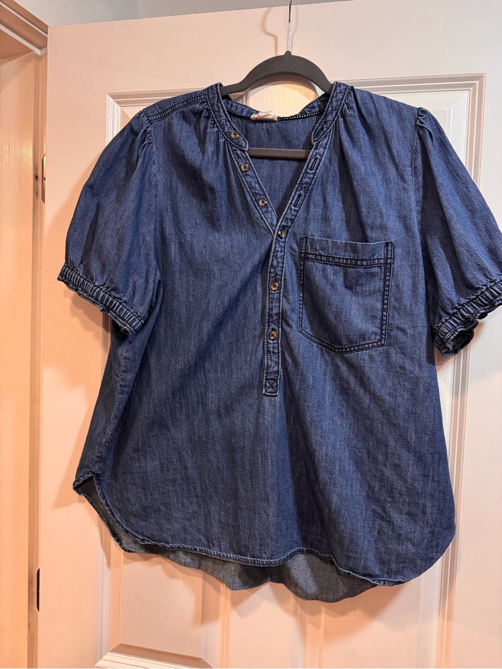 Anthropologie/ Pilcro Denim Henley Puff Sleeve Top - Blue